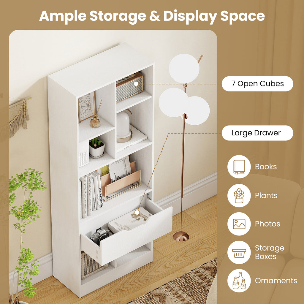51inch Tall Freestanding Bookcase with Drawer 7-Cube Storage Organizer