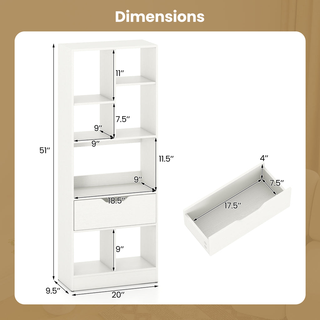 51inch Tall Freestanding Bookcase with Drawer 7-Cube Storage Organizer
