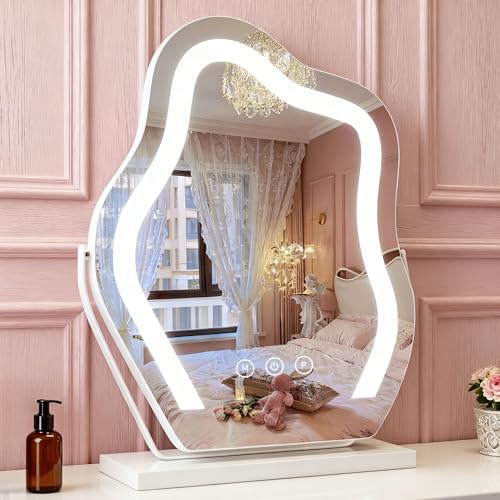 Cloud Shaped Makeup Mirror with Lights 17¡ȡ¿12.6¡È ? Smart Touch Control, 3-Color Dimmable Lighting, 360¡Æ Rotation, Memory, Plug-in AC Power, Tabletop Vanity Gift for Girls White