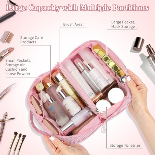 Travel Makeup Bag for Women, 2Pcs Portable Personalized Initial Makeup Organizer Bag, Open Flat Large Cosmetic Bag With Travel Essential Pouch (Pink Letter R)