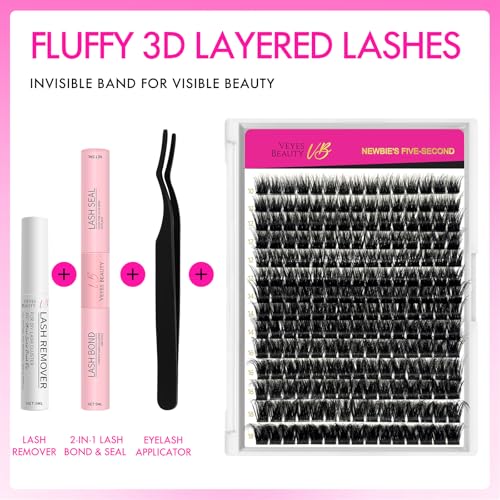 VEYESBEAUTY Lash Clusters Kit Fluffy Individual Lash Extensions Xtreme 3D Layered Volume Eyelashes kit Thin & Invisible Band Wispy Faux Mink Lash Mixed Length 10-18mm with Bond&Seal Remover Applicator
