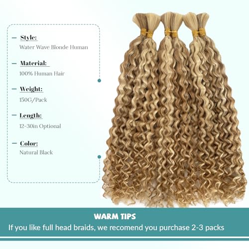 Blonde Curly Human Braiding Hair for Boho Braids 150g 24 Inch Wet and Wavy Long Boho Hair for Braiding Knotless Highlighted 27p613 No Weft Bulk Bohemian Human Hair 3 Bundles/Pack