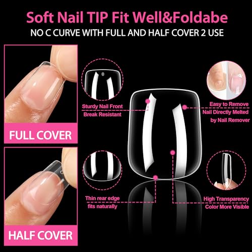 UNA GELLA Extra Short Square Nail Tips XS Short Square Gel Tips 216pcs Press On Nails Full Cover 12 Sizes Clear Fake Nails Extension for Home DIY Nail Salon Soft Gel Tips