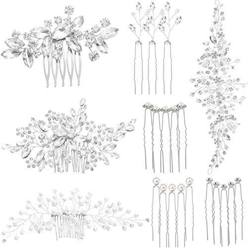 Maitys 44 Pieces Wedding Hair Accessories Faux Pearl Crystal Comb Clips U-shaped Flower Rhinestone Silver Pearl Hair Pieces for Prom Bride Bridesmaid(Elegant Style)