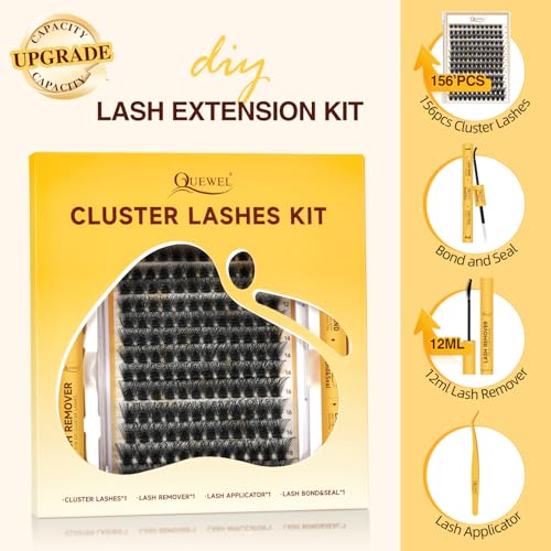 QUEWEL Lash Clusters Kit, 156 PCS Eyelash Clusters Kit D Curl Cluster Lahses Kit Include Mix10-18mm Lash Clusters Lash Bond and Seal Lash Tweezers Lash Cluster Glue Remover(QUBM-MIX10-18)