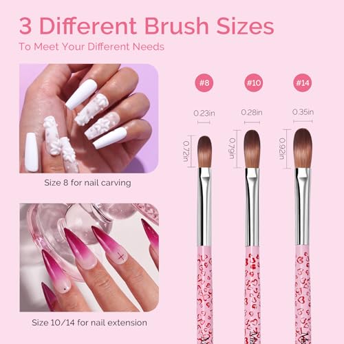 MelodySusie 3-Piece Acrylic Nail Brush Set - Sizes 8/10/14, Professional Nail Art Tool for Acrylic Application, Powder, Extension & 3D Carving - Pink
