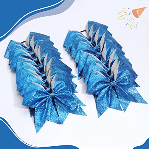 16PCS 8" Large Glitter Cheer Bows for Cheerleaders, CN Sparkly Hair Bows with Elastic Hair Ties Accessories for Teens Girls Women Cheerleading Softball Competition Sports (Blue)