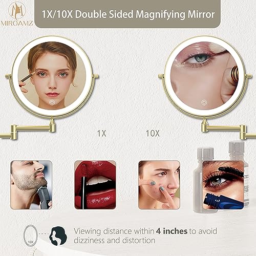 Rechargeable Wall Mounted Lighted Makeup Vanity Mirror 9 Inch Double Sided 1X 10X Magnifying Bathroom Mirror, 3 Color Lighting, Touch Screen Dimming, 360 Rotation Shaving Mirror Gold