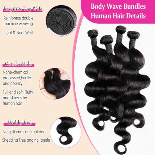 4 Bundles Human Hair Body Wave 22 24 26 28 Inch 100% Brazilian Virgin Hair Body Wave Bundles Human Hair Extensions Quick Weave Bundles Human Hair For Women Natural Black