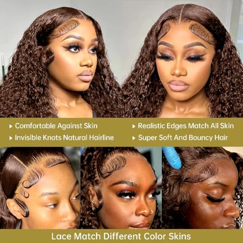 13x6 Deep Wave Lace Front Wigs Human Hair Chocolate Brown Deep Curly Human Hair Wig for Women 220% Density HD Lace Front Wet and Wavy Wigs Pre Plucked Brazilian Virgin Hair 28inch