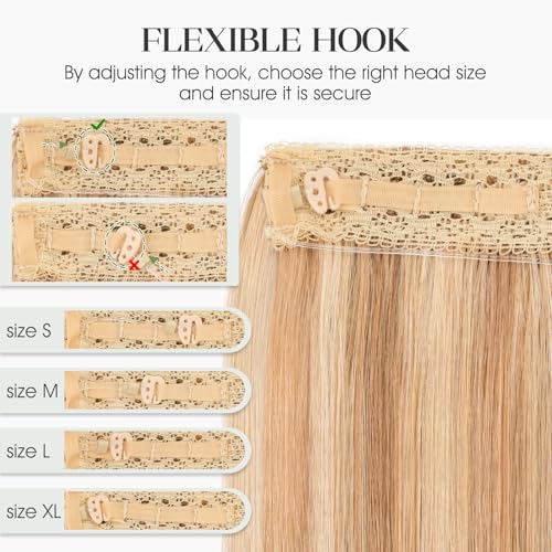 Halo Hair Extensions Real Human Hair Invisible Wire Extensions with Transparent Fish Line Adjustable Size Golden Brown & Bleach Blonde 16 inch