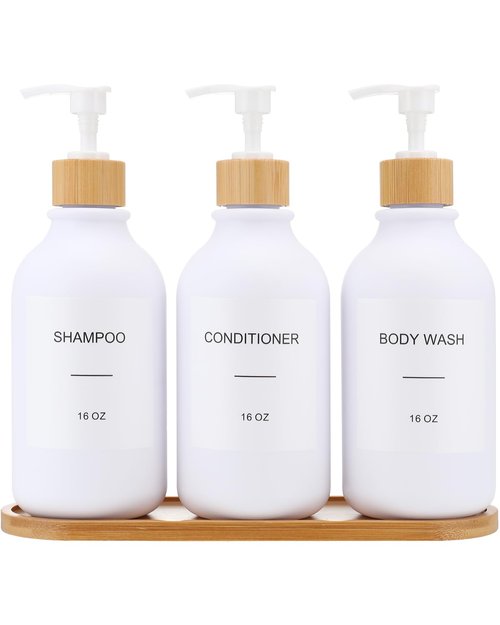 Shampoo and Conditioner Dispenser, Shower Soap Dispenser with Bamboo Pumps/Tray, Refillable Shampoo and Conditioner Bottles, Shower Shampoo Dispenser 3 Chamber, 16oz(White)