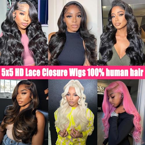 30 Inch 5x5 HD Lace Closure Wig Wear and Go Glueless Wigs Human Hair Pre Plucked Pre Cut Long Body Wave Lace Front Wigs Human Hair for Black Women 180% Density Natural Black