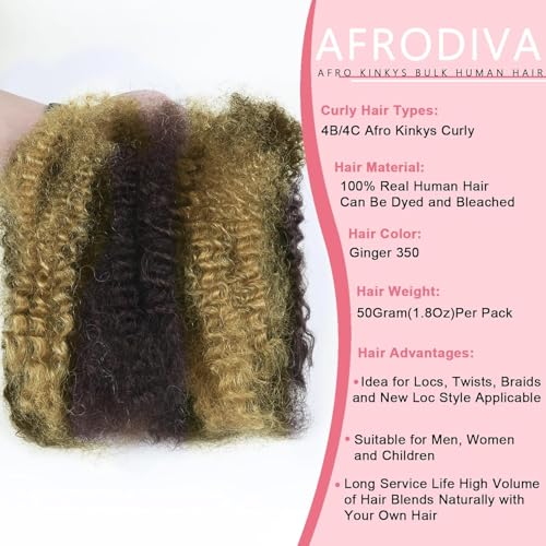 Afro Kinkys Bulk Human Hair for Dreadlocks Extensions Highlight Brown 4 Bundles Kinky Curly Afro Bulk Human Hair for Braiding Twists Repair Locs and Braids 100% Real Human Hair Total 200 Gram P4/27#