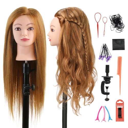 Mannequin Head with Hair 80% Human Hair Doll Head 26"-28" Hairdresser Practice Training Head Cosmetology Manikin with 9 Tools and Clamp - #27 Honey Golden