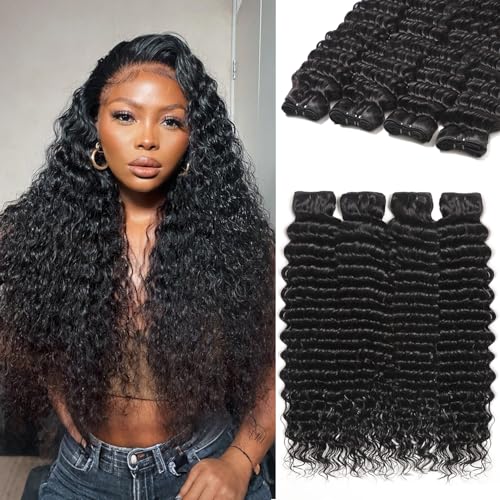 12A Deep Wave Human Hair Bundles 18 20 22 24 Inch Deep Wave Curly Bundles 100% Unprocessed Brazilian Virgin Wet and Wavy Water Wave Human Hair Extensions, Quick Weave 4 Bundles for Women
