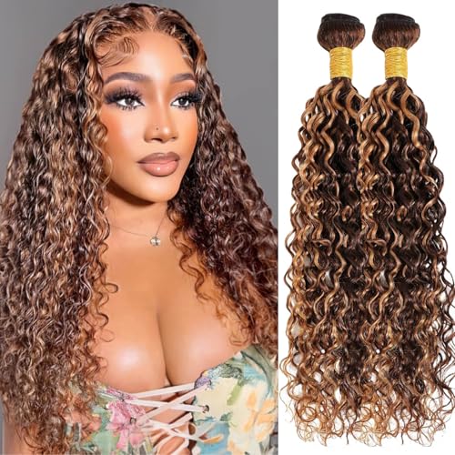 Human Hair Bundles P4/27 Highlight Water Wave Bundles Human Hair 20 22 24 Inch 12A Grade Brazilian Virgin Hair Water Wave Brown with Honey Blondy Double Weft Weave for Women