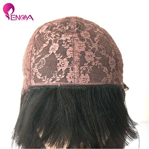 Enoya Bob Wig Human Hair Wear and Go Glueless None Lace Front Wigs with Bangs, Light Yaki Straight Full Machine Made Wig 180% Density Short Bob Wigs for Black Women (10" Color #1)
