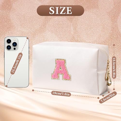 Initial Makeup Bag Personalized Preppy Cosmetic Bag Travelling Toiletry Bag Waterproof PU for Teenage Girls Women (white A)