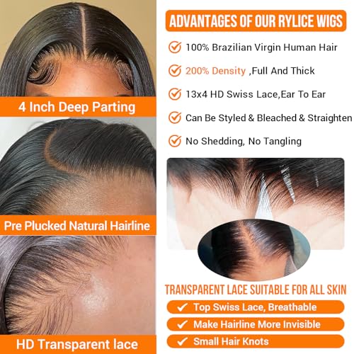 13x4 HD Lace Front Wigs Human Hair 24 Inch Natural Black Body Wave Human Hair Wig 200 Density 12A Glueless Wigs Lace Front Wigs Pre Plucked Glueless Frontal Wig for Women