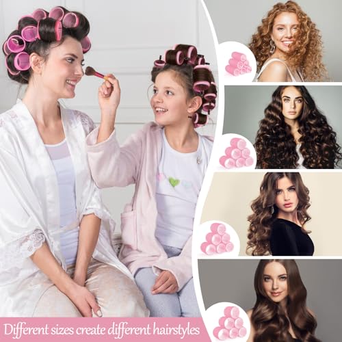 Obeoby 50 Pcs in 1 Pack 4 Sizes Hair Rollers with Gift Makeup Bag, 24 Pcs Self Grip Rollers and Clips, Comb, 25/36/48/60 mm Curlers for Volume Medium Long Hair