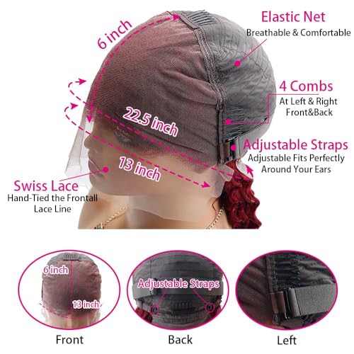 26 Inch 99J Burgundy Deep Wave 13x6 Lace Front Wigs Human Hair 200% Density Lace Frontal Wigs Human Hair Pre Plucked 99j Burgundy Deep Curly Wave HD Lace Front Wigs for Women (26Inch)