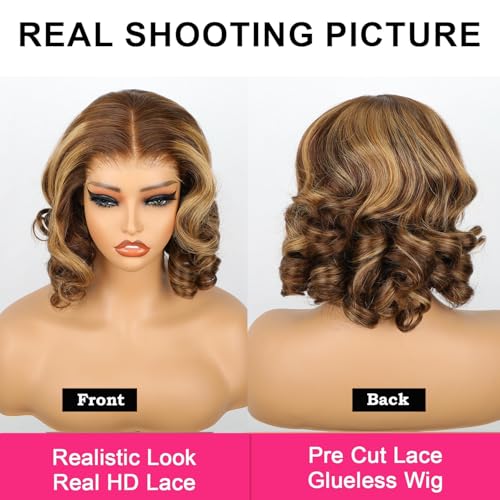 ISEE Wear Go Glueless Wigs Human Hair Pre Plucked Pre Cut Short Bob Body Wave Lace Front Wigs Human Hair for Women Upgraded Glueless Bob Wig 7x5 HD Lace Closure Wigs (Highlight Ombre, 16 Inch)