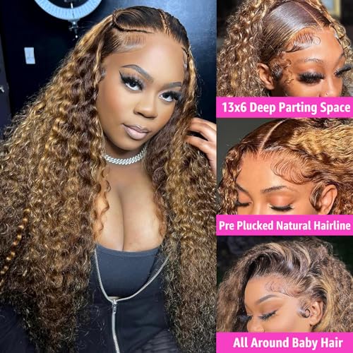30 Inch Water Wave 13x6 HD Lace Front Wigs Human Hair Ombre Honey Blonde Wig P4/27 Highlight Wet and Wavy Curly Human Hair Frontal Wigs Pre Plucked 200 Density Glueless Frontal Wigs for Women