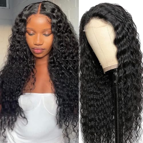 FIRIEYA Deep Wave Lace Front Wigs Human Hair Wigs for Black Women 180% Density 4X4 HD Transparent Lace Closure Human Hair Wigs for Black Women Glueless with Baby Hair Natural Color(26 Inch)