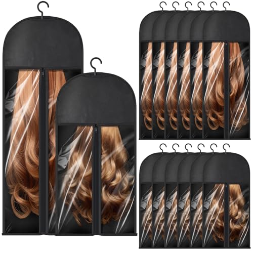 14 Pcs Extra Long Hair Extension Storage Bag with Hanger, Two Sizes for Multiple Wigs, Dust Proof Hanger for Hair Extensions, Accessories, Black