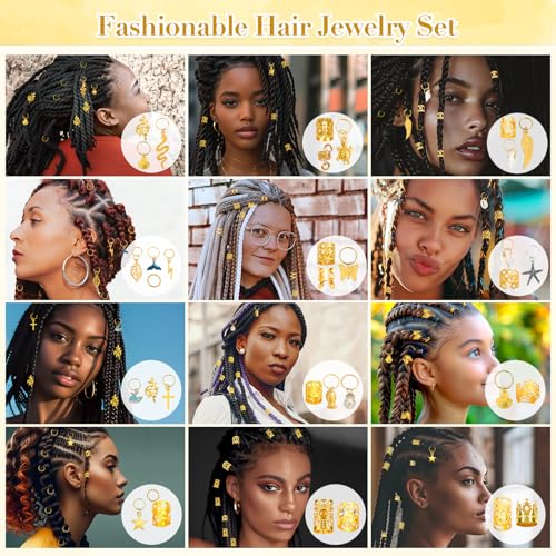 255 PCS Gold Hair Jewelry for Braids, 38 Styles Loc Hair Charms for Women Men, Metal Hair Cuffs Rings Clips for Dreadlock Accessories Hair Braids Jewelry Decorations(Gold)