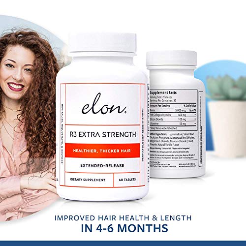 Elon R3 Extra Strength for Hair Growth - Supplements for Women to Grow Thicker, Fuller Hair, Advanced Formula with 5000 mcg Biotin Per Serving & Collagen, 60 Count (Pack of 3)