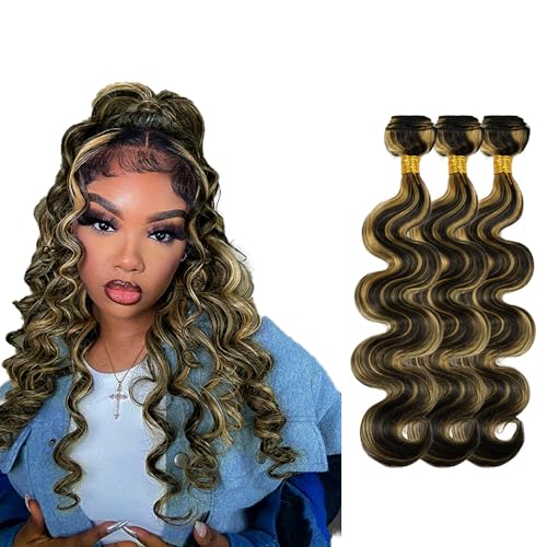 P1B27 Highlight Human Hair Bundles #27 Honey Blonde Body Wave 3 Bundles 30 32 34 inch 8A Remy Virgin Two Tone #1b and #27 Bundle