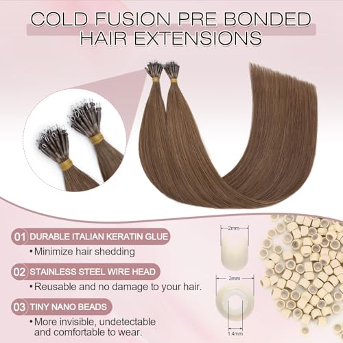 SEGO Nano Bead Hair Extensions Human Hair, 1g/Stand, 50g/pack, Add Volume, Length, and Highlights, Nano Nano Ring Tip Hair Extensions for Women, 16 Inch, Light Brown
