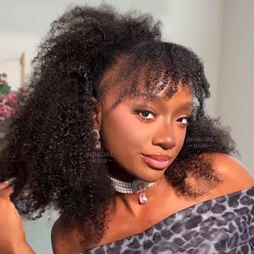 BGM GIRL Half Wig Human Hair Kinky Curly 3 in 1 Wigs Beginner Friendly Flip Over Drawstring Glueless Wig Kinky Curly Ready to Go Seamless Clip in Wigs Natural Black Color 16 Inch