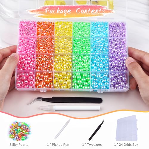8500PCS Rainbow Flatback Pearls Set, 3/4/6/8mm Pink Purple Blue Half Round Pearls Bedazzling Bead with Tweezer and Pickup Pen for Nail Art Wedding Tumbler DIY Crafts