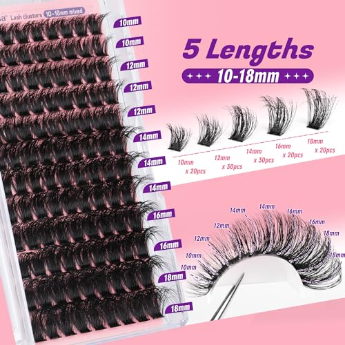 Focipeysa Fluffy Lash Clusters 100D Eyelash Clusters 10-18mm Fluffy Volume Individual Lashes D Curl Cluster Eyelash Extensions DIY Lash Extension for Beginners