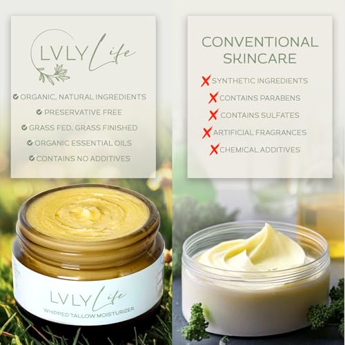 Whipped Beef Tallow Face Moisturizer - Grass Fed Grass Finished Beef- All Organic Ingredients - Natural, Hydrating Balm for Face + Body - Nourish and Soothe Sensitive Skin, 2 oz