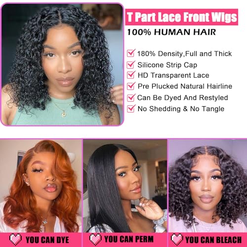 Short Lace Front Wigs for Black Women T Part 13x5.5x1 Glueless HD Lace Pre Plucked Hairline Deep Curly Wigs Afro Curly 100% Human Hair Wig Natural Color 8inch