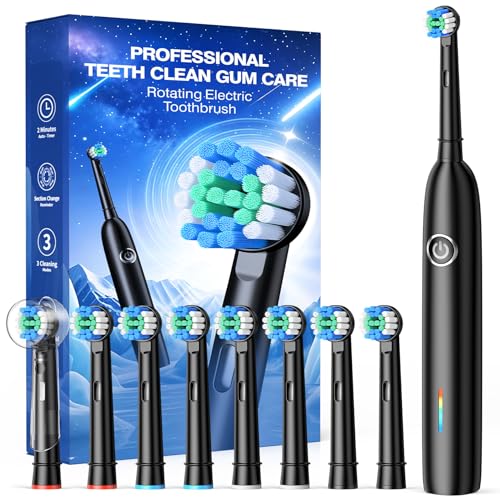 Rotating Electric Toothbrush with 8 Brush Heads for Adults and Kids, 3 Modes Rechargeable Power Toothbrush with 2-Minute Smart Timer, 45-Day Battery Life