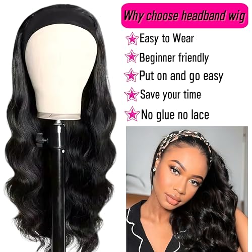 Headband Wig Human Hair Body Wave 24 Inch Glueless No Sew Headband Wig 100% Brazilian Virgin Hair 180% Dencity Wear and Go Headband Wigs for Black Women Natural Color Beginner Friendly