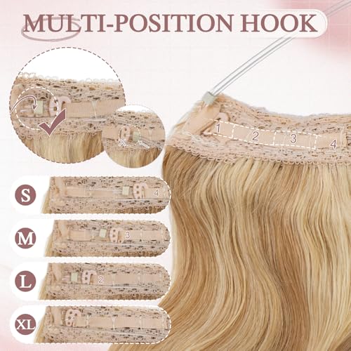 Halo Hair Extensions Real Human Hair Wavy Invisible Wire Hairpiece Adjustable One Piece With 2 Secure Clips For Women to Add Length,20 Inch 18P613 Gold Blonde Mixed Bleach Blonde,70g