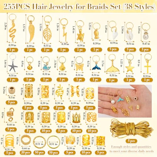 255 PCS Gold Hair Jewelry for Braids, 38 Styles Loc Hair Charms for Women Men, Metal Hair Cuffs Rings Clips for Dreadlock Accessories Hair Braids Jewelry Decorations(Gold)