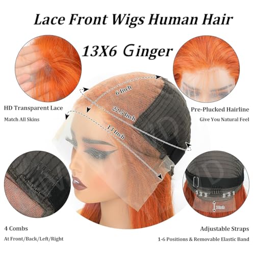 36 Inch Ginger Lace Front Wig Human Hair 13X6 HD Transparent Lace Front Wig Colored Straight Lace Front Wig Orange Wig Human Hair 200% Density Pre Plucked Natural Hairline with