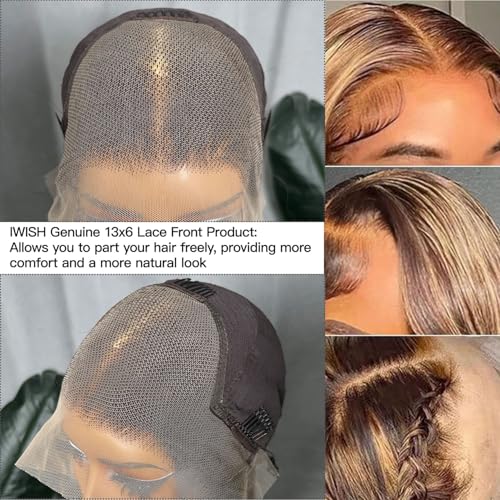 IWISH Ombre Lace Front Wig Human Hair 26 Inches 200% Density 13x6 Straight Highlight Lace Frontal Human Hair Wigs P4/27 Colored Wigs for Women