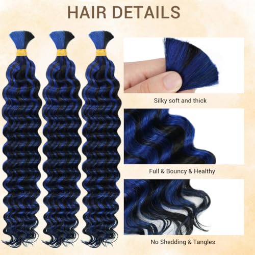 Human Braiding Hair for Boho Knotless Braids 3 Bundles 22 Inches 180g Deep Wave 10A Brazilian Virgin Human Bohemian Hair for Braiding 1bPblue