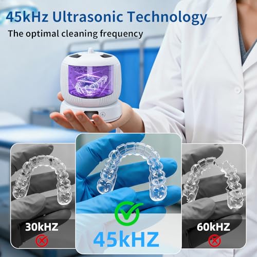 2025 Upgraded Ultrasonic Retainer Cleaner Machine,Separate Retainer Cleaner for Night Guards, Braces, Aligner, Jewelry, 4 Modes Denture Cleaner & Removable Base and Top Cover(White)