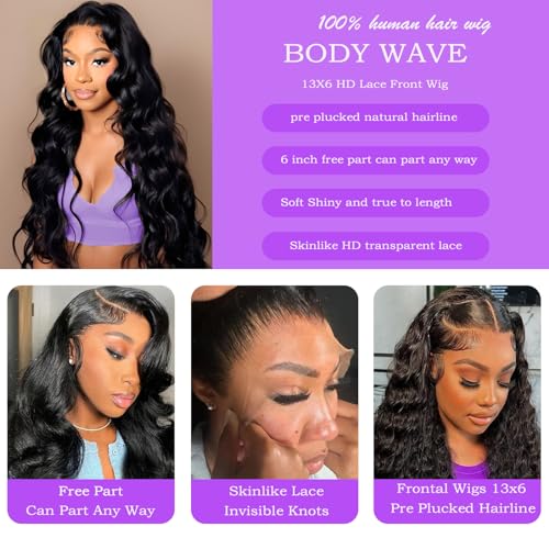 32 Inch 13x6 Lace Front Wigs Human Hair 200 Density Body Wave HD Lace Front Wigs Human Hair Pre Plucked Natural Color Glueless Wigs for Women