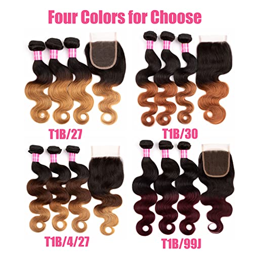 Ombre Brazilian Body Wave Human Hair Bundles With Closure Body Wave 3 Bundles with 4x4 Free Part Lace Closure 2 Tone Black to Burgundy Color Human Hair Extensions(T1B/99J, 18 20 22+14)
