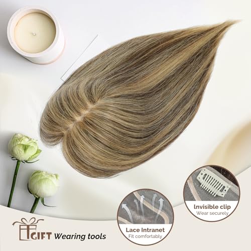 Hair Toppers with Thinning Hair 100% Real Human Topper for Women 12 inch Medium Brown Mix blonde Hairpieces for Women 120% Density top toppers Hairpieces for Thinninghair#427